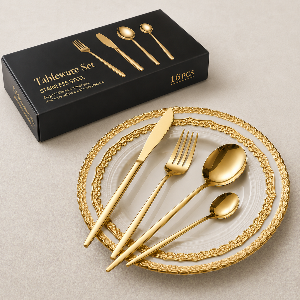 Gold Stainless Steel Cutlery Set | 16-Piece Mirror-Polished Flatware for Elegant Dining