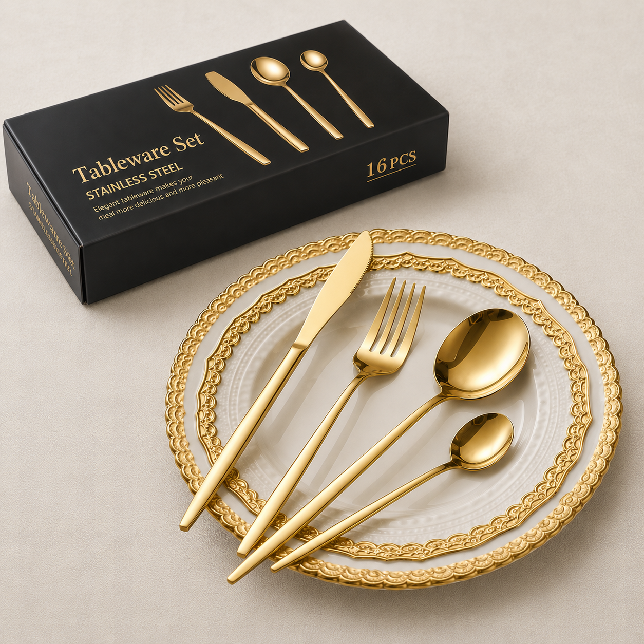 Gold Stainless Steel Cutlery Set | 16-Piece Mirror-Polished Flatware for Elegant Dining