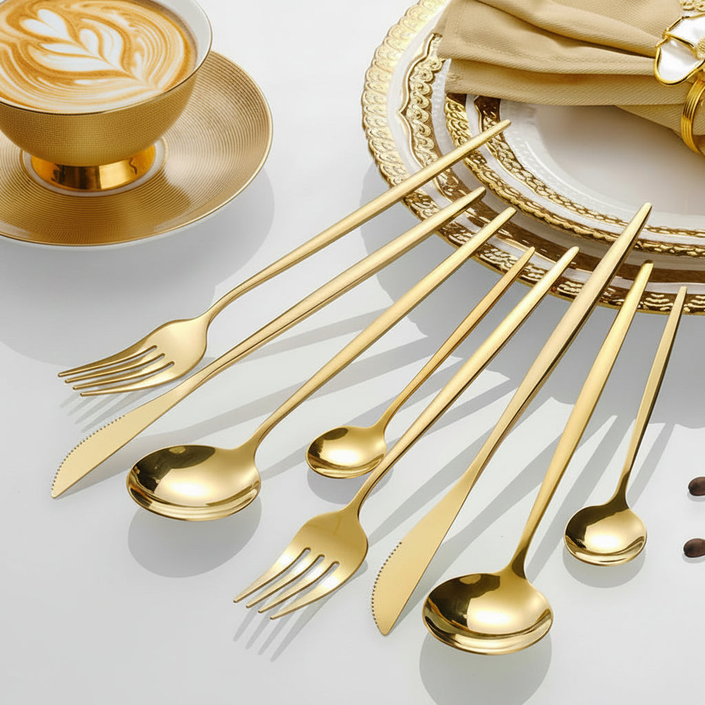 Gold Stainless Steel Cutlery Set | 16-Piece Mirror-Polished Flatware for Elegant Dining