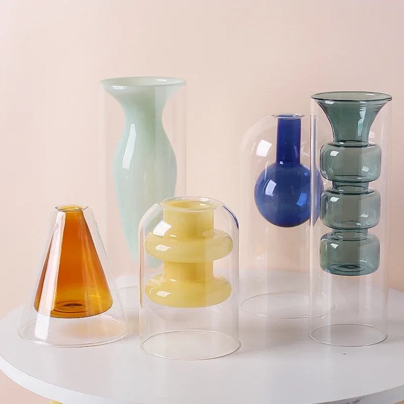 Double Wall Borosilicate Glass Vase | Sculptural Cylinder Vessel for Luxury Interiors