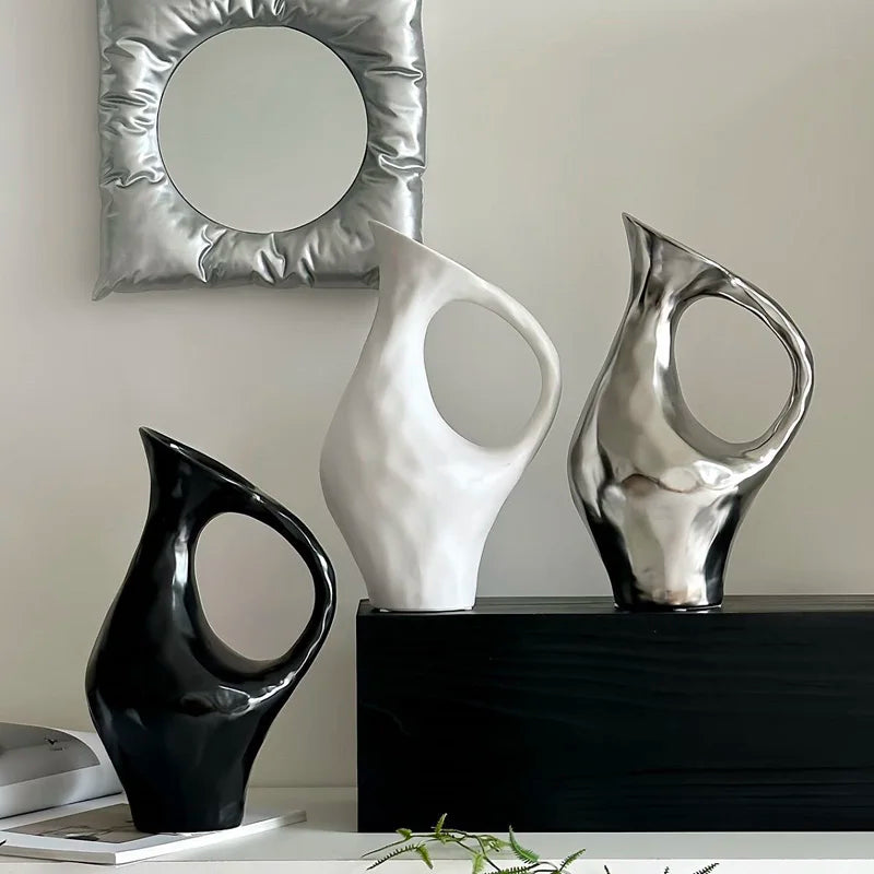 Tri-Tone Art Ceramic Statement Vase | Black, Silver & White Luxury Décor