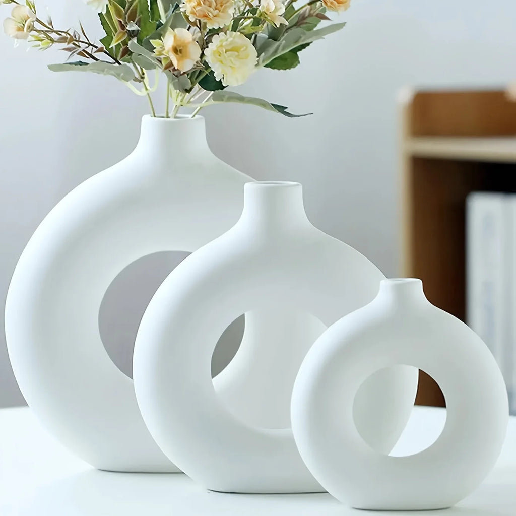 1pc, White/Beige Ceramic Vase  Vases For Decor, Modern Home Decor Vase, Boho Vases For Decor, Circle Vase, Round Vase, Donut Vas