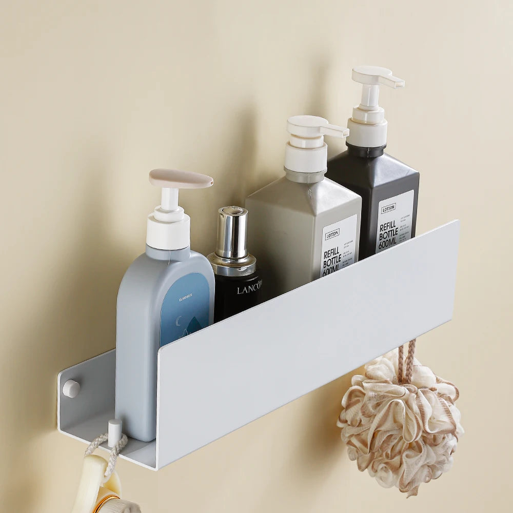 AquaHome White Aluminium Shower Shelf With Hook Wall Mounted Bath Caddy Elite