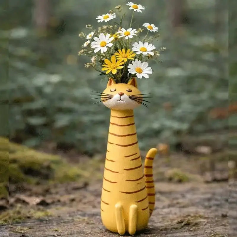 Long-Neck Cat Sculptural Resin Vase | Artisan Home Décor Statement Piece