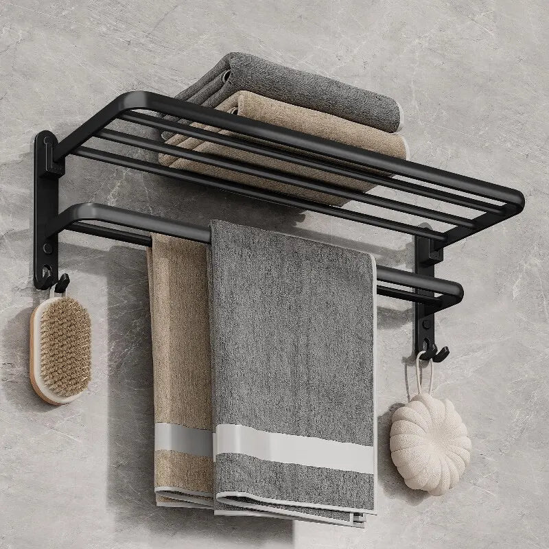 Matte Black Folding Towel Rail – Wall Mounted Aluminium Bathroom Towel Rack with Hooks