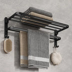 Matte Black Folding Towel Rail – Wall Mounted Aluminium Bathroom Towel Rack with Hooks