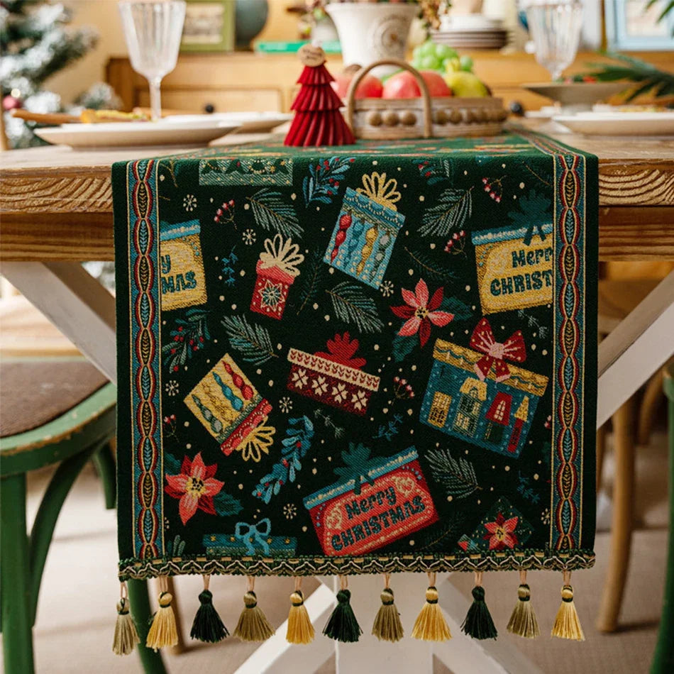 Christmas Chenille Tassel Table Runner,Cotton Linen Thicken Fabric Table Decoration,Dining Room Restaurant Modern Decor Supplies