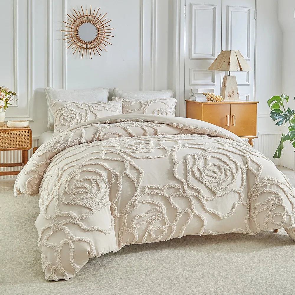 3D Rose Floral Tufted Duvet Cover Set – Luxury Microfibre Quilted Bedding Collection
