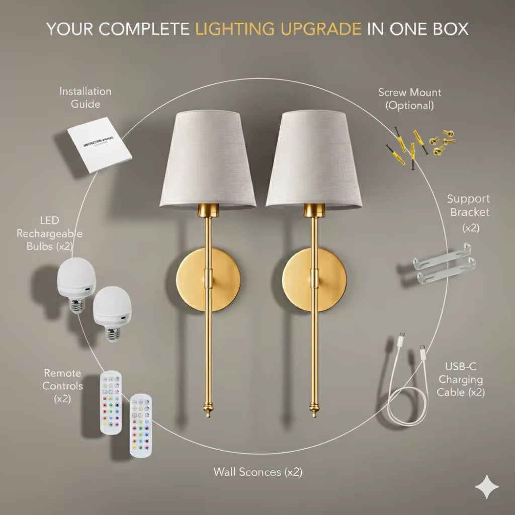 Battery Operated Wall Sconces Set of Cordless Wall Light Adhesive-backed install Rechargeable Bulbs and Remote 12Colors Dimmable
