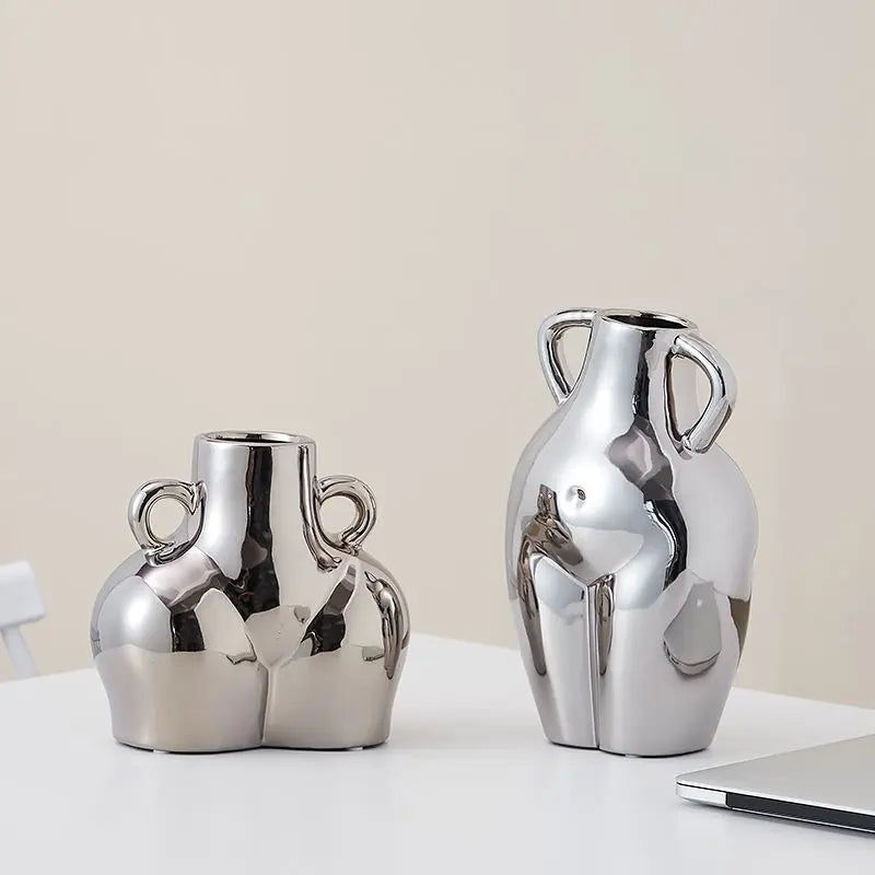 Silver Minimalist Pot Ceramic Vase | Metallic Luxury Home Décor