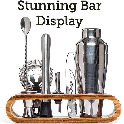 Premium Cocktail Shaker Set – 10-Piece Bar Shaker Set with Elegant Bamboo Stand