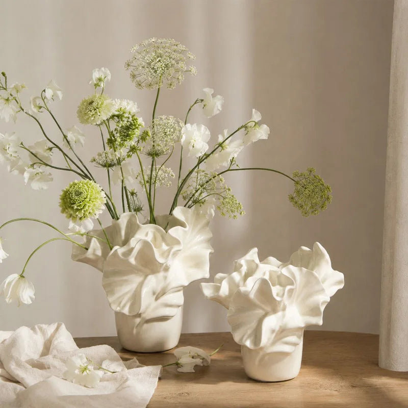 Retro Art Wide-Neck White Ceramic Vase | Vintage Luxury Home Décor