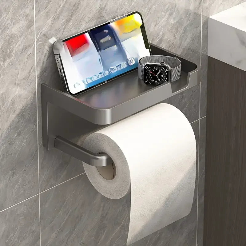 Premium No-Drill Toilet Paper Holder – Modern Bathroom Shelf with Phone Holder