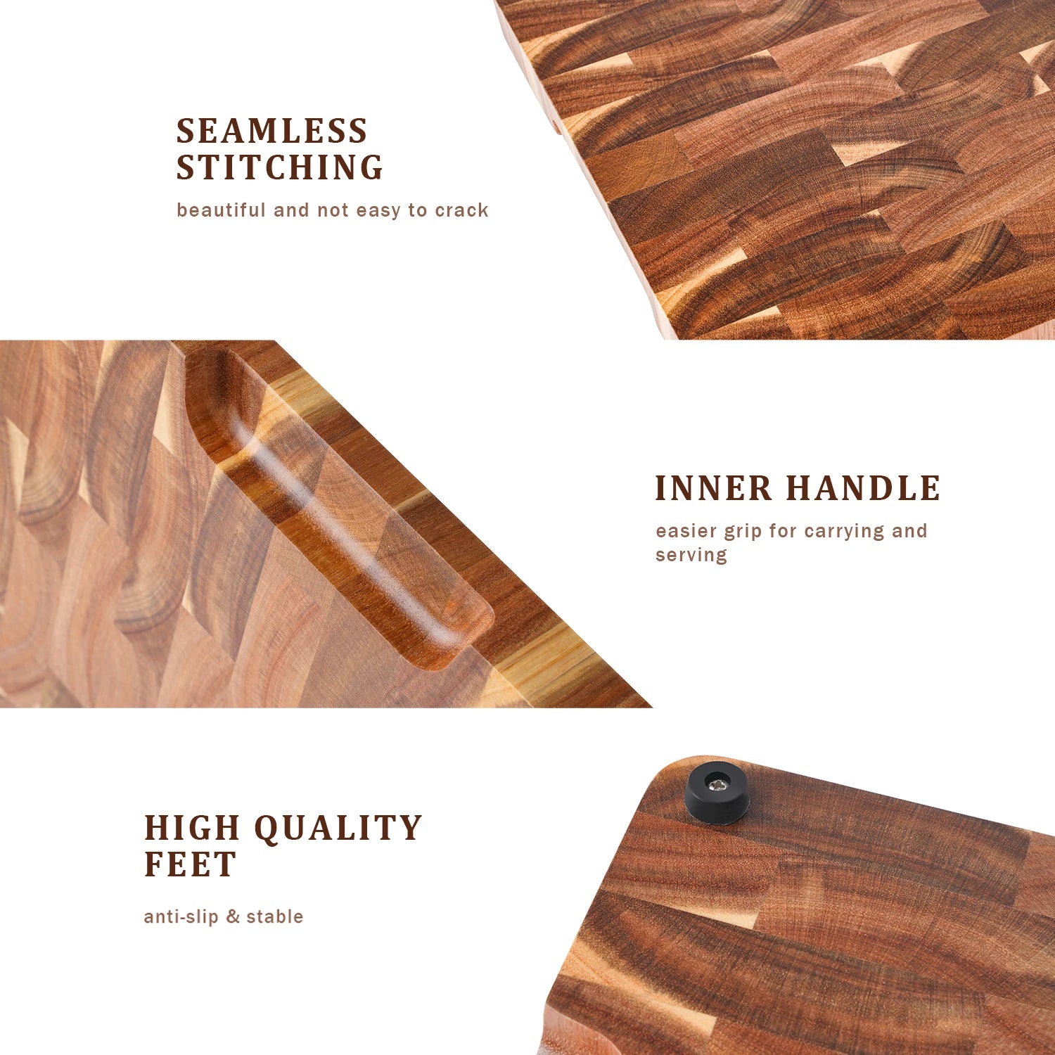 High Quality 15 inch Rectangular Cutting Board End Grain Acacia Wood Chopping Board with Side Handle