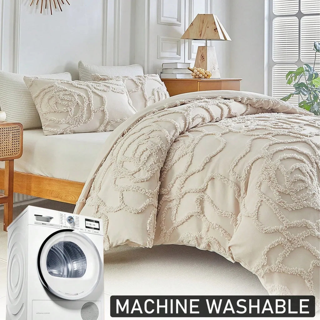 3D Rose Floral Tufted Duvet Cover Set – Luxury Microfibre Quilted Bedding Collection