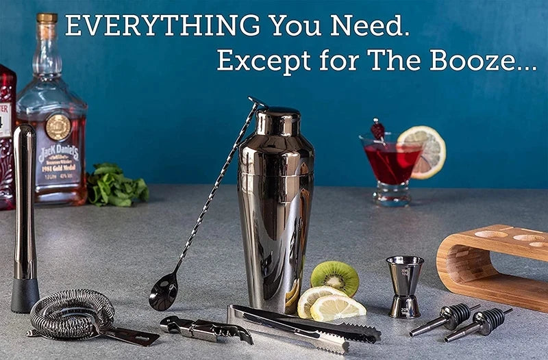 Premium Cocktail Shaker Set – 10-Piece Bar Shaker Set with Elegant Bamboo Stand