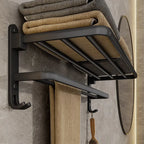 Matte Black Folding Towel Rail – Wall Mounted Aluminium Bathroom Towel Rack with Hooks