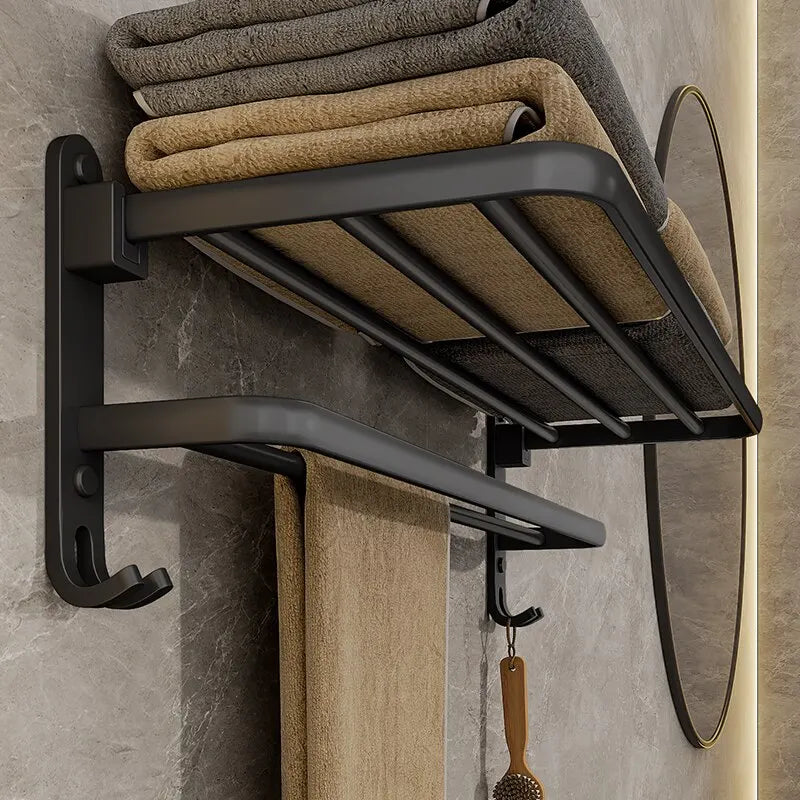 Matte Black Folding Towel Rail – Wall Mounted Aluminium Bathroom Towel Rack with Hooks