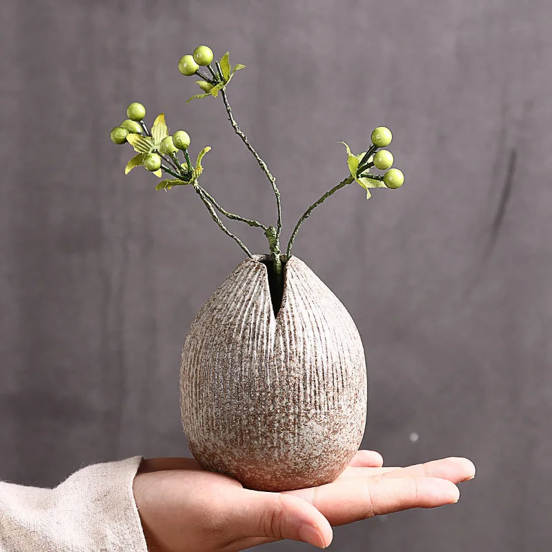 Japanese Style Terracotta Vase Imitation Stone Abstract Flower Arranger Table Top Vintage Ornament Living Room Flower Vase