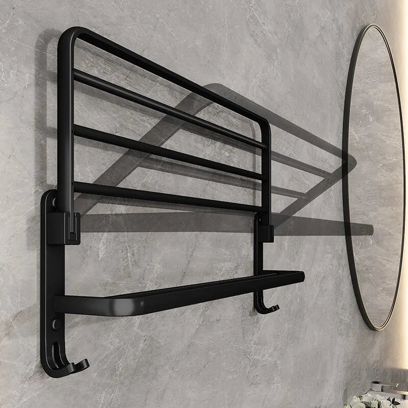 Matte Black Folding Towel Rail – Wall Mounted Aluminium Bathroom Towel Rack with Hooks