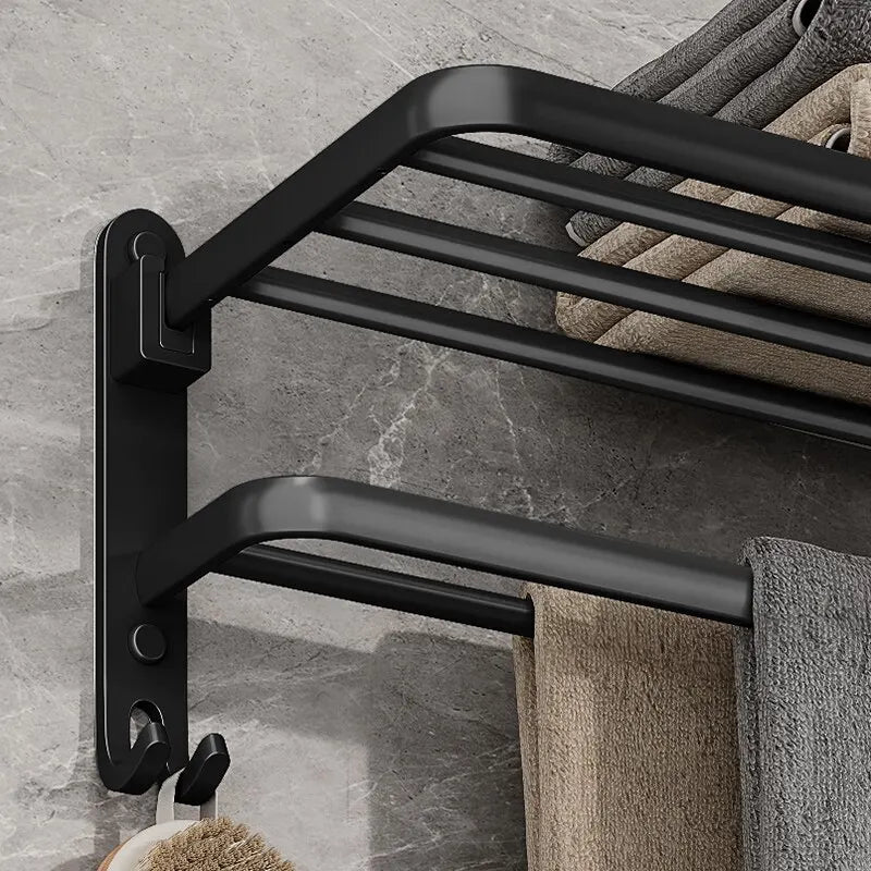 Matte Black Folding Towel Rail – Wall Mounted Aluminium Bathroom Towel Rack with Hooks