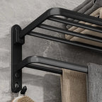 Matte Black Folding Towel Rail – Wall Mounted Aluminium Bathroom Towel Rack with Hooks