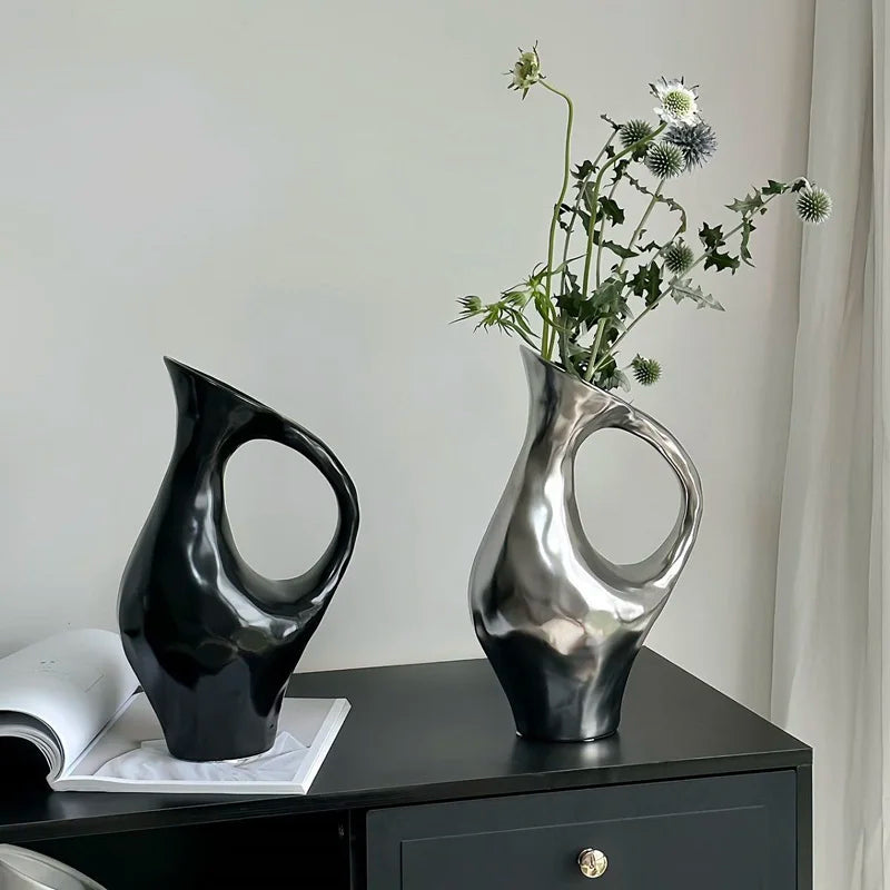 Tri-Tone Art Ceramic Statement Vase | Black, Silver & White Luxury Décor