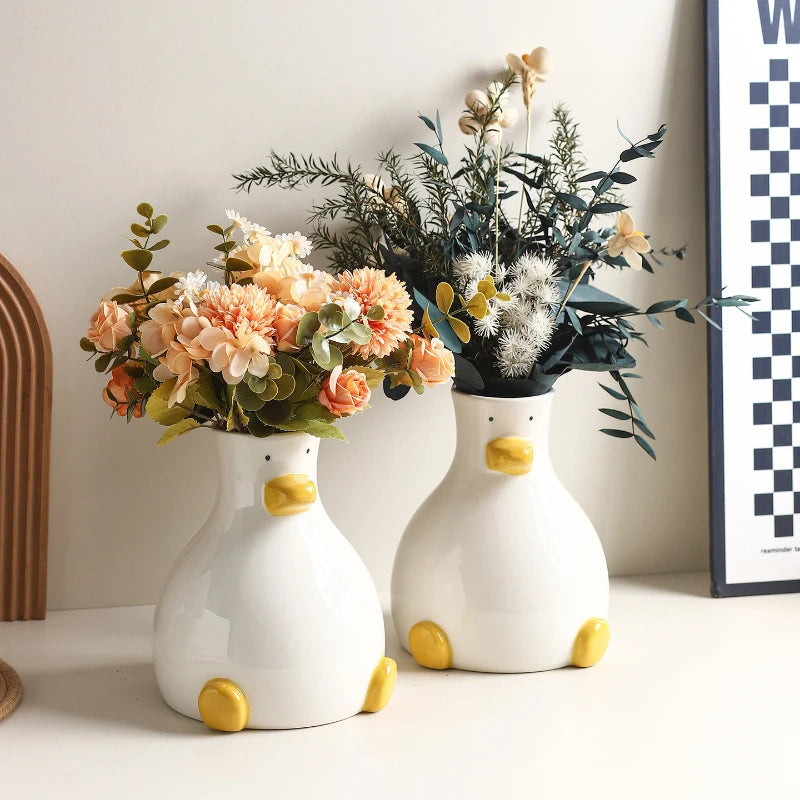 Creative Cartoon Ceramic Vase Cute Duck Flower Arrangement Hydroponic Home Decor Living Room Foyer Decoration