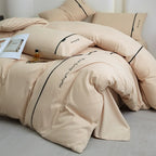 2025 new solid color embroidered ribbon double-spell skin-friendly washed cotton 4-piece set bed sheet and fitted sheet style