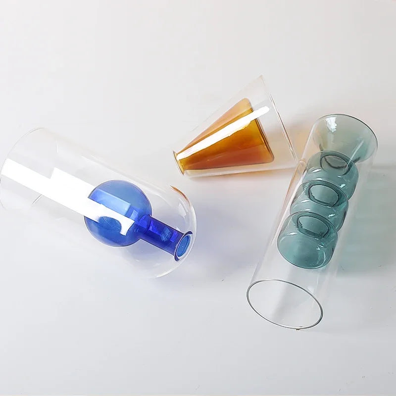 Double Wall Borosilicate Glass Vase | Sculptural Cylinder Vessel for Luxury Interiors