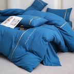 2025 new solid color embroidered ribbon double-spell skin-friendly washed cotton 4-piece set bed sheet and fitted sheet style