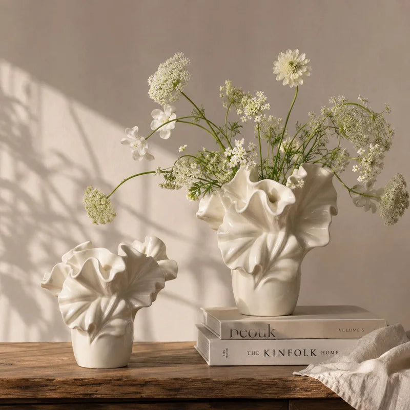 Retro Art Wide-Neck White Ceramic Vase | Vintage Luxury Home Décor