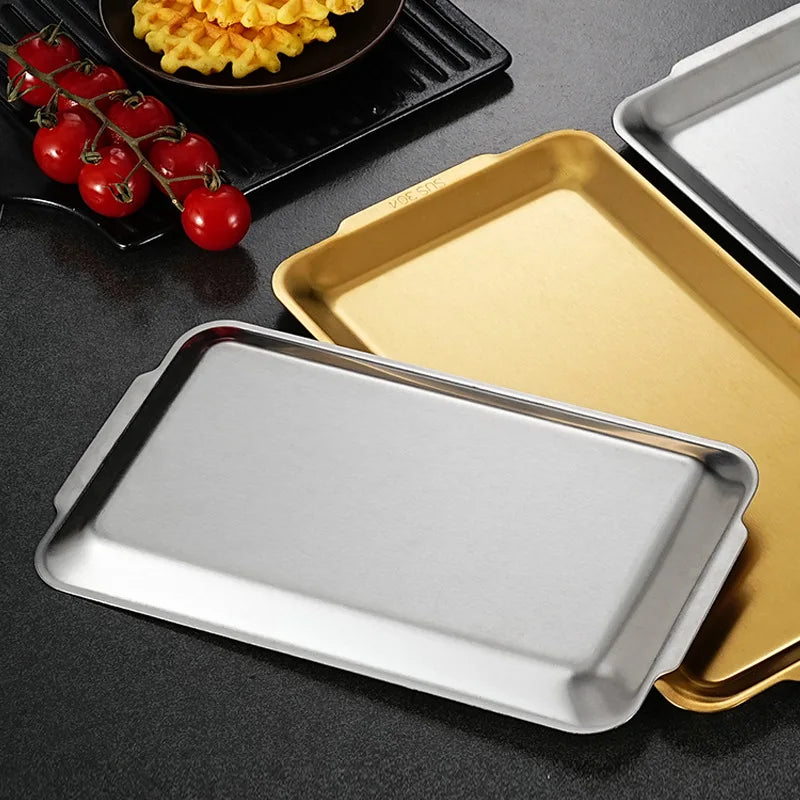 304 Stainless Steel Plate Rectangular Plate Golden Tray Craft Decoration Barbecue Plate Western Food Snack Plate Flat Plate