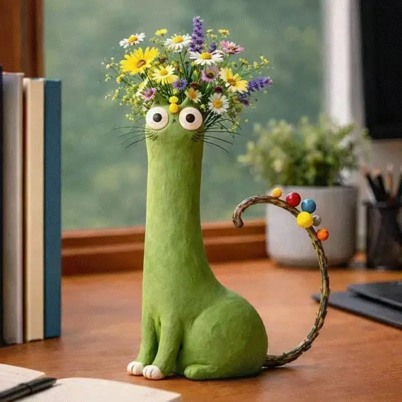 Long-Neck Cat Sculptural Resin Vase | Artisan Home Décor Statement Piece