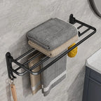 Matte Black Folding Towel Rail – Wall Mounted Aluminium Bathroom Towel Rack with Hooks