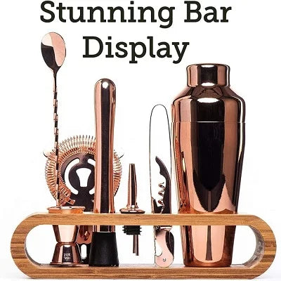 Premium Cocktail Shaker Set – 10-Piece Bar Shaker Set with Elegant Bamboo Stand