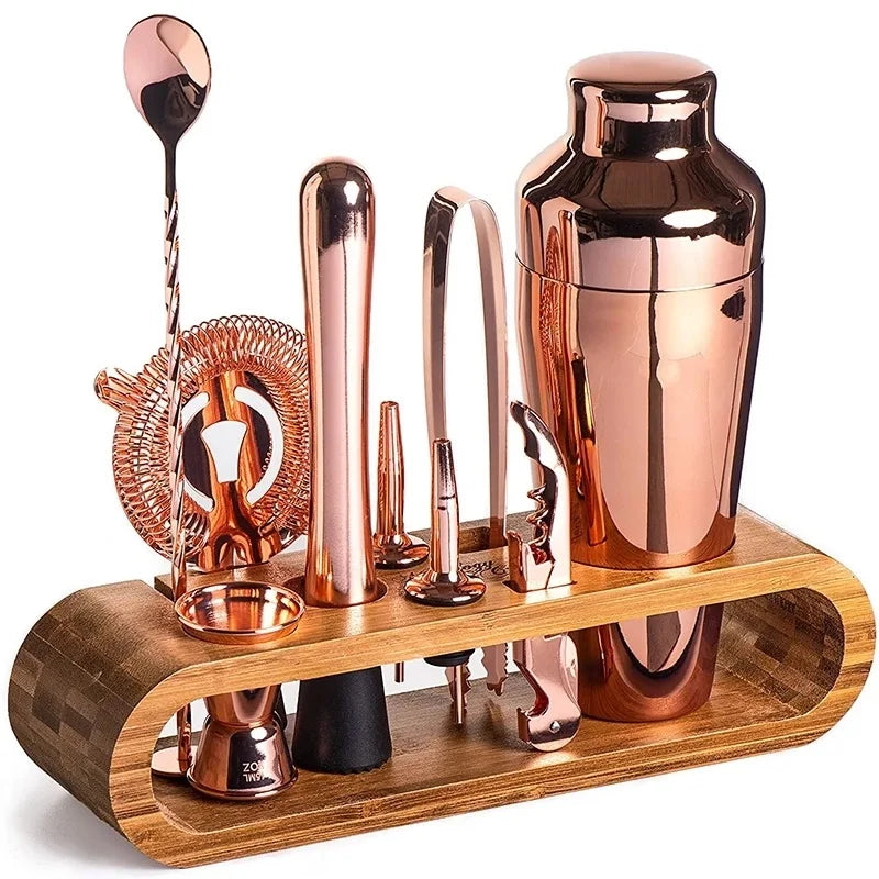 Premium Cocktail Shaker Set – 10-Piece Bar Shaker Set with Elegant Bamboo Stand