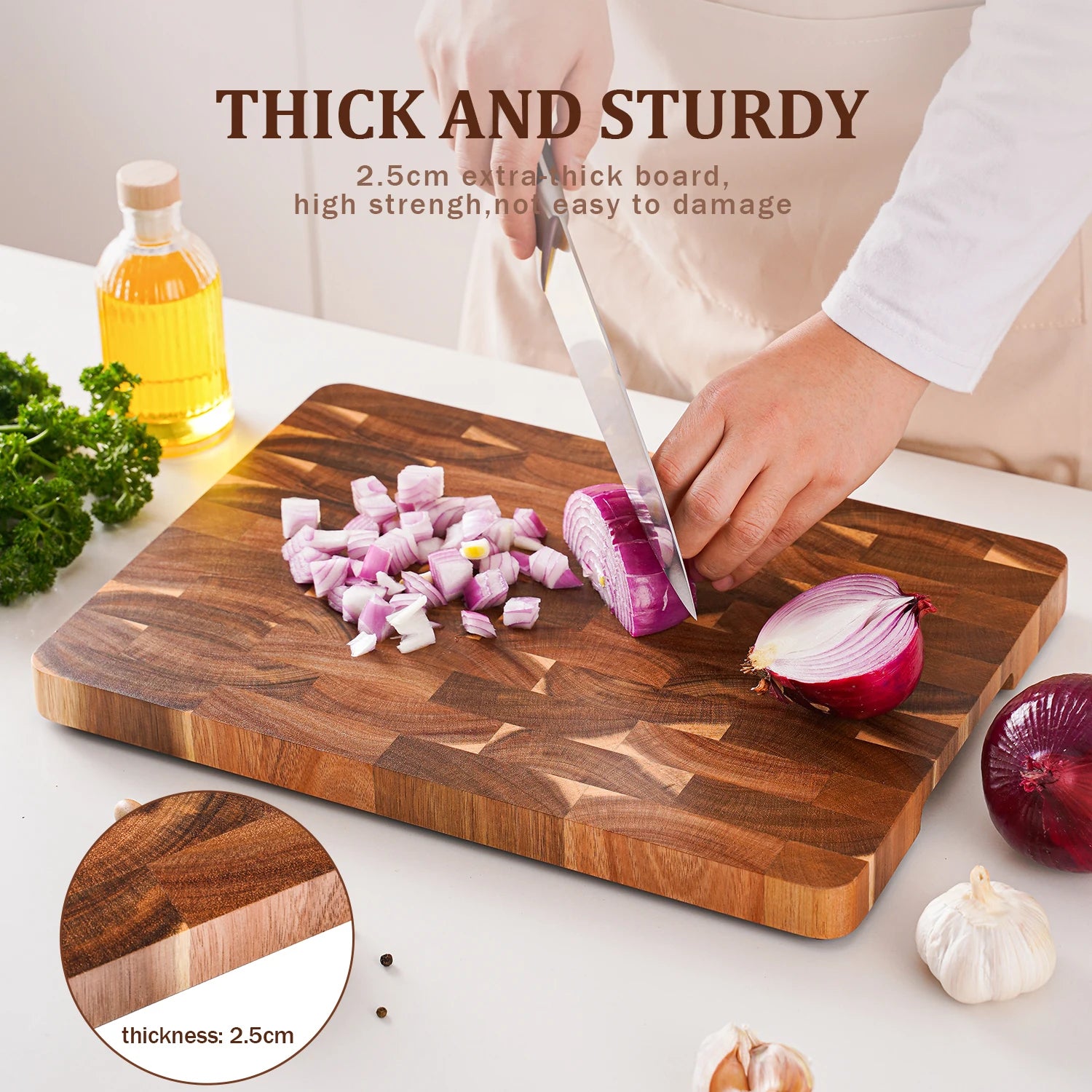 High Quality 15 inch Rectangular Cutting Board End Grain Acacia Wood Chopping Board with Side Handle