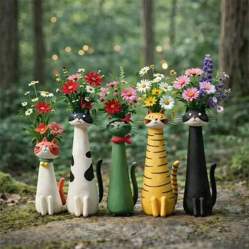 Long-Neck Cat Sculptural Resin Vase | Artisan Home Décor Statement Piece