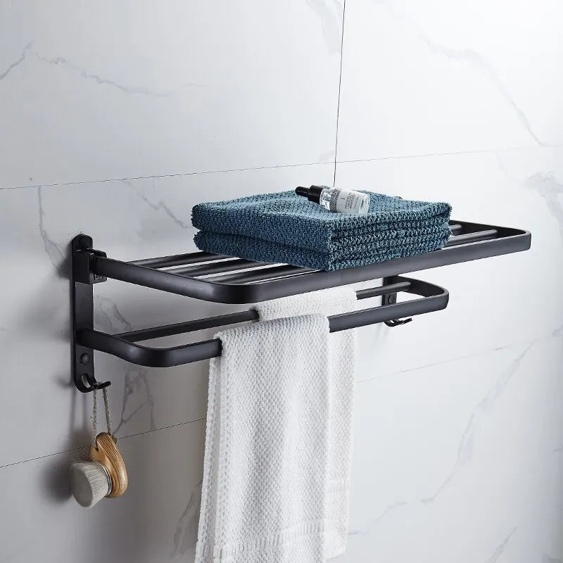 Matte Black Folding Towel Rail – Wall Mounted Aluminium Bathroom Towel Rack with Hooks