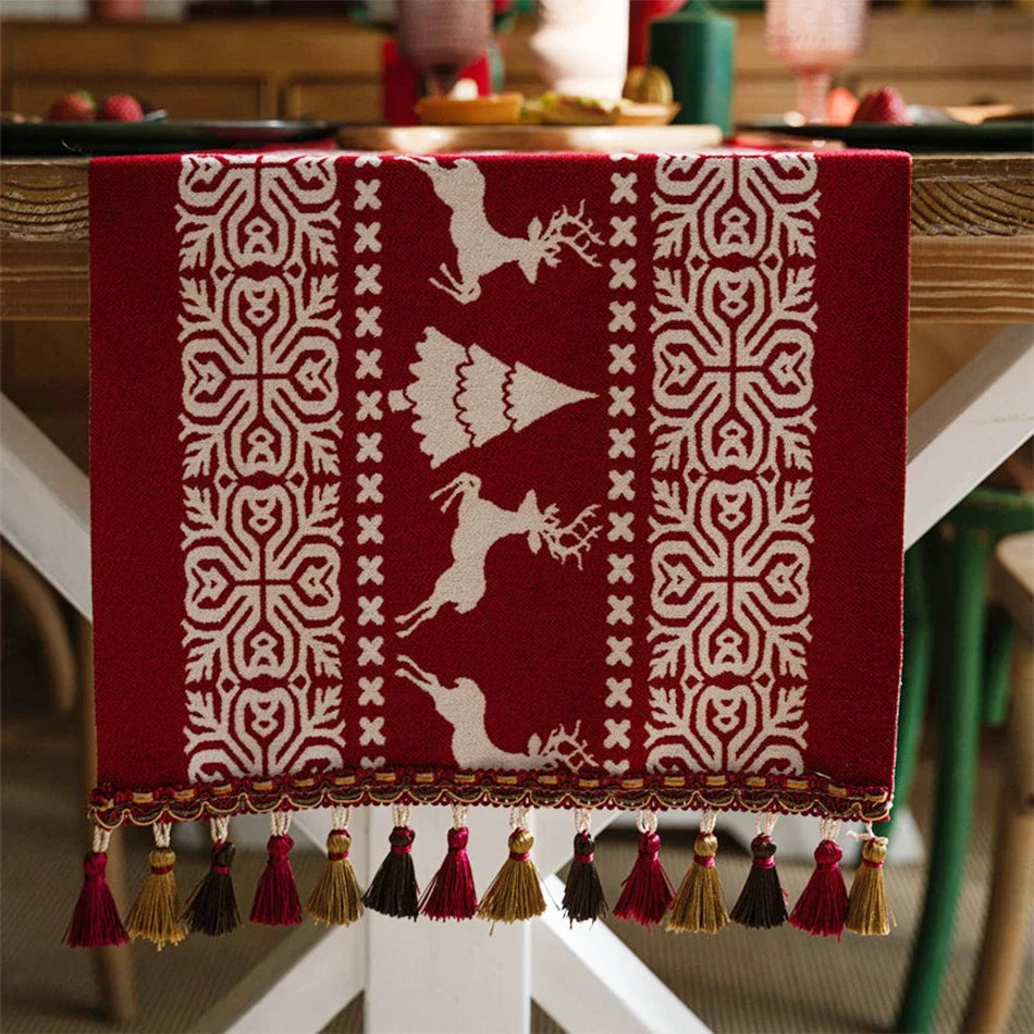 Christmas Chenille Tassel Table Runner,Cotton Linen Thicken Fabric Table Decoration,Dining Room Restaurant Modern Decor Supplies