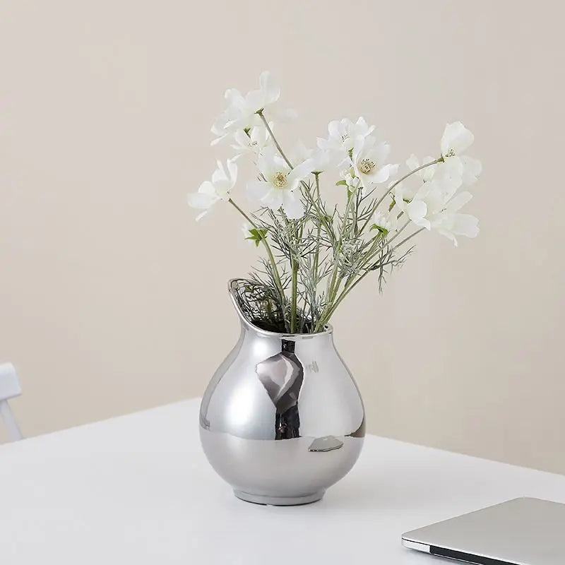 Silver Minimalist Pot Ceramic Vase | Metallic Luxury Home Décor