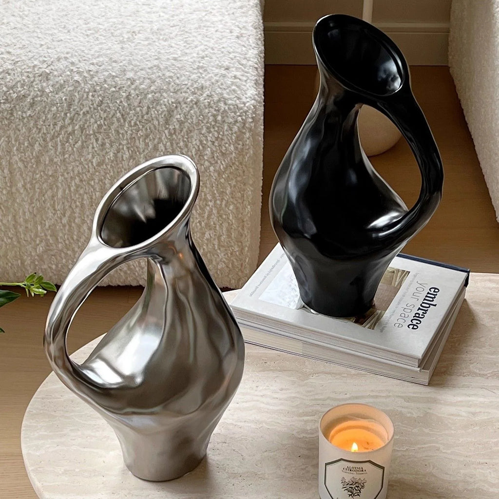 Tri-Tone Art Ceramic Statement Vase | Black, Silver & White Luxury Décor