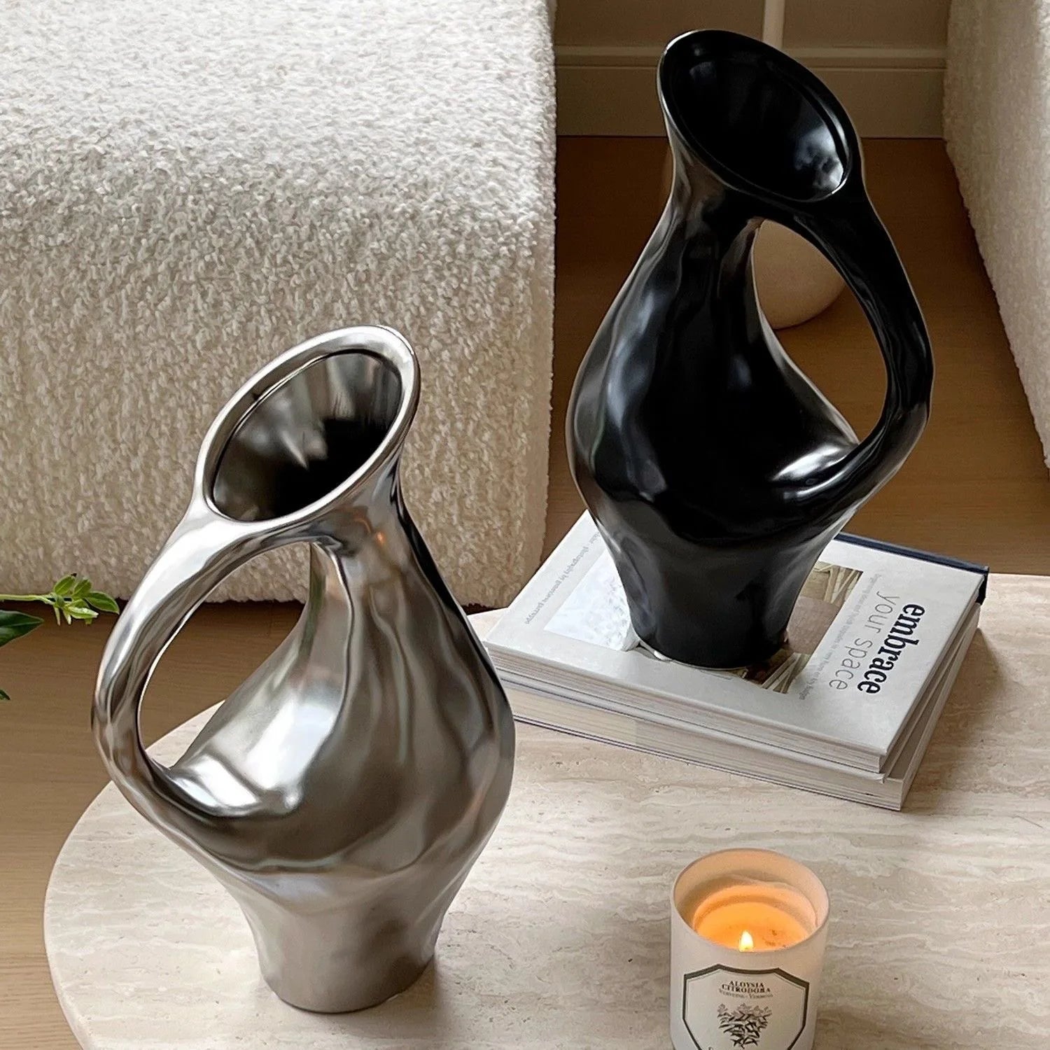 Tri-Tone Art Ceramic Statement Vase | Black, Silver & White Luxury Décor