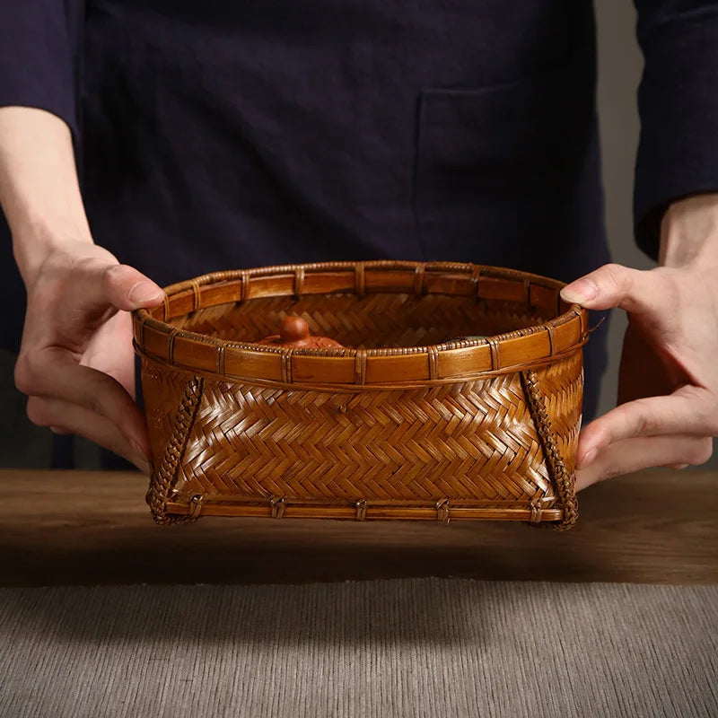 Creative Handwoven Bamboo Fruit Tray Japanese Style Storage Basket Rattan Snack Dish Dry Fruit Organizer Box for Home Decor