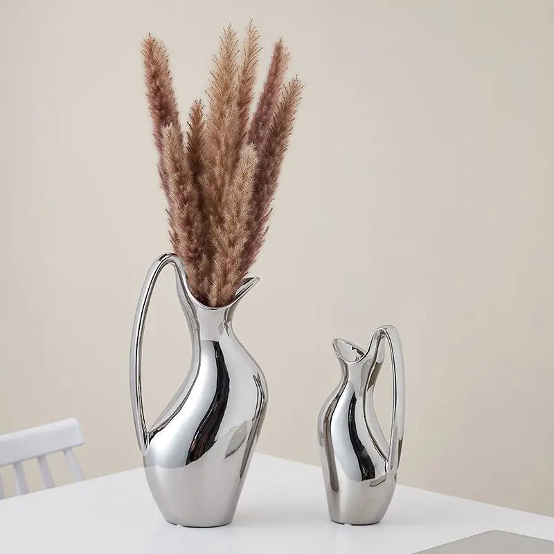 Silver Minimalist Pot Ceramic Vase | Metallic Luxury Home Décor