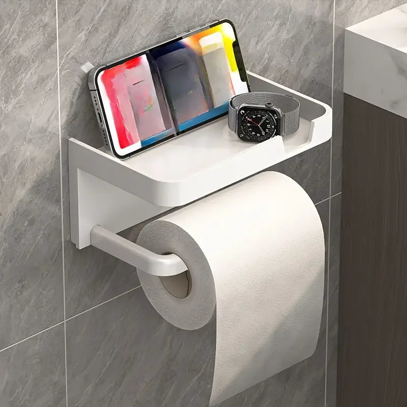 Premium No-Drill Toilet Paper Holder – Modern Bathroom Shelf with Phone Holder