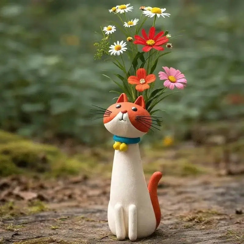 Long-Neck Cat Sculptural Resin Vase | Artisan Home Décor Statement Piece