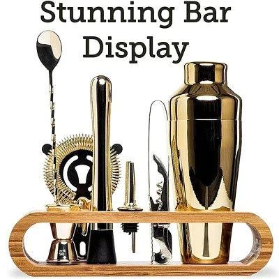 Premium Cocktail Shaker Set – 10-Piece Bar Shaker Set with Elegant Bamboo Stand