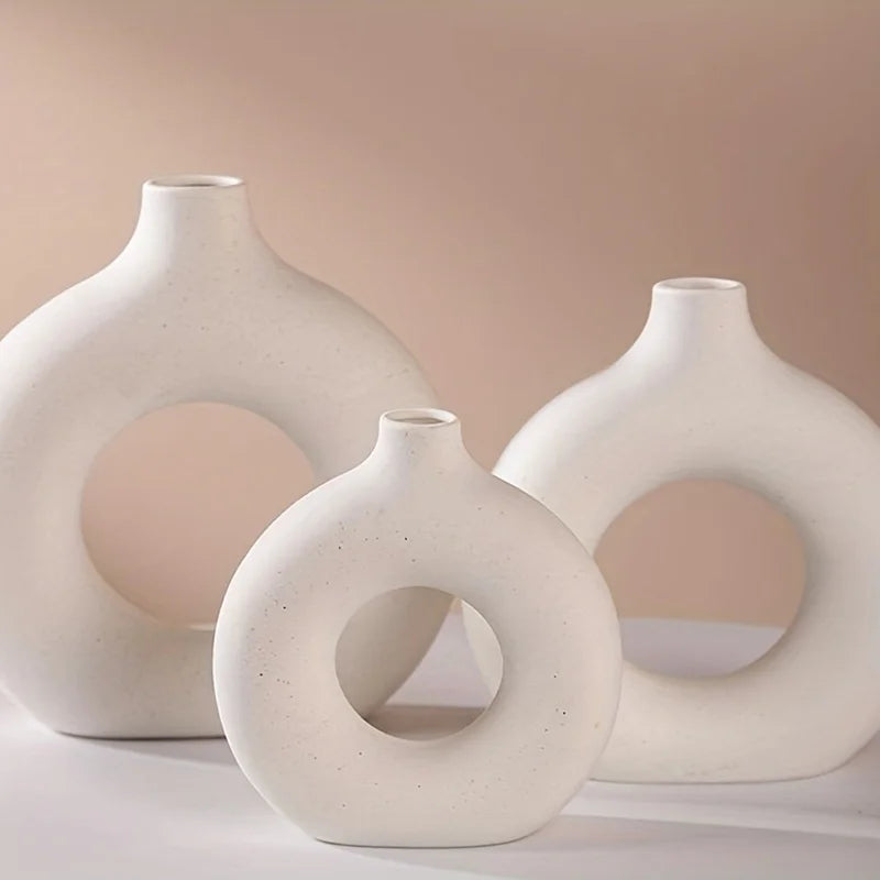 1pc, White/Beige Ceramic Vase  Vases For Decor, Modern Home Decor Vase, Boho Vases For Decor, Circle Vase, Round Vase, Donut Vas